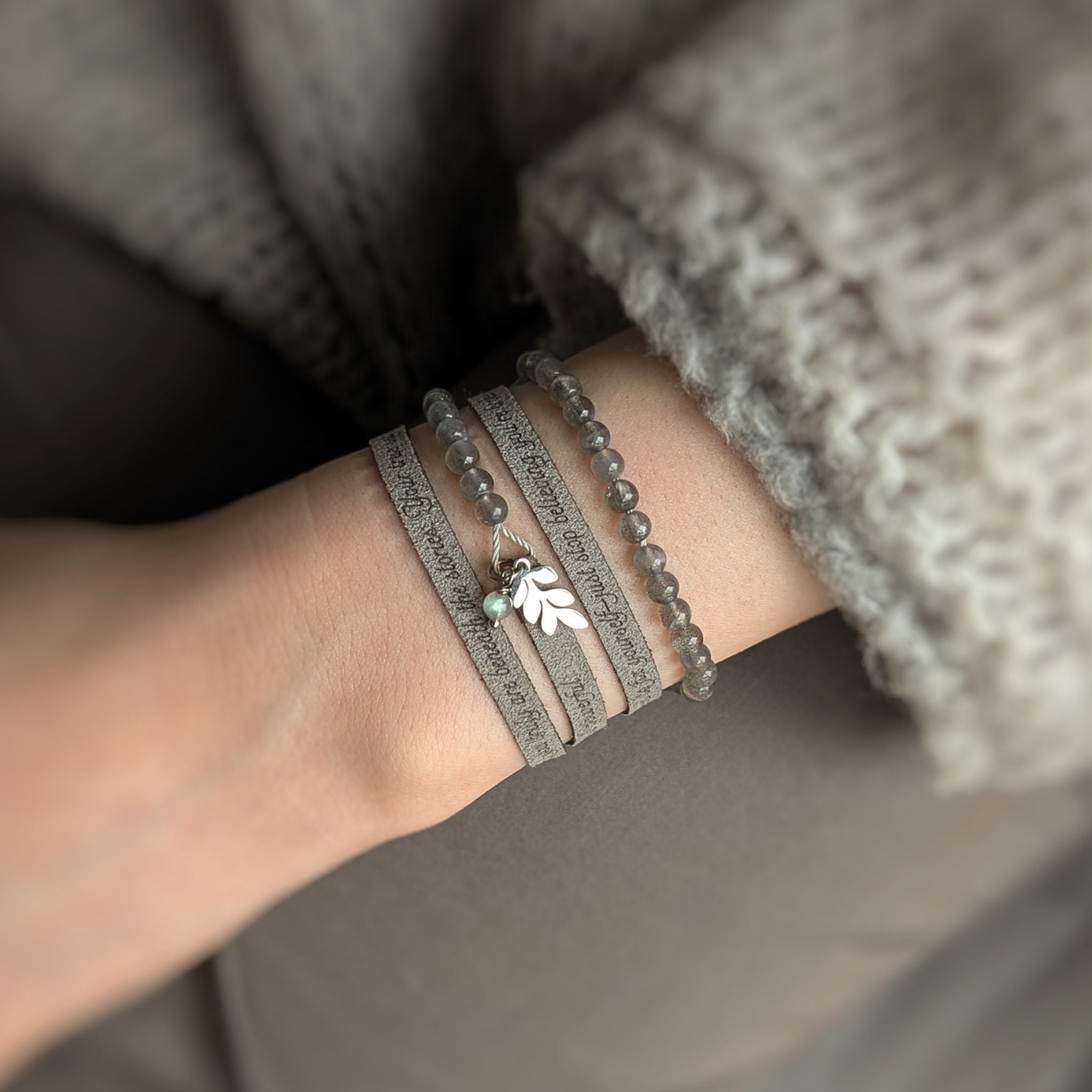 Custom Engraved Vegan Suede Wrap Bracelet with 4 mm Gemstones, 5mm / 0.2"