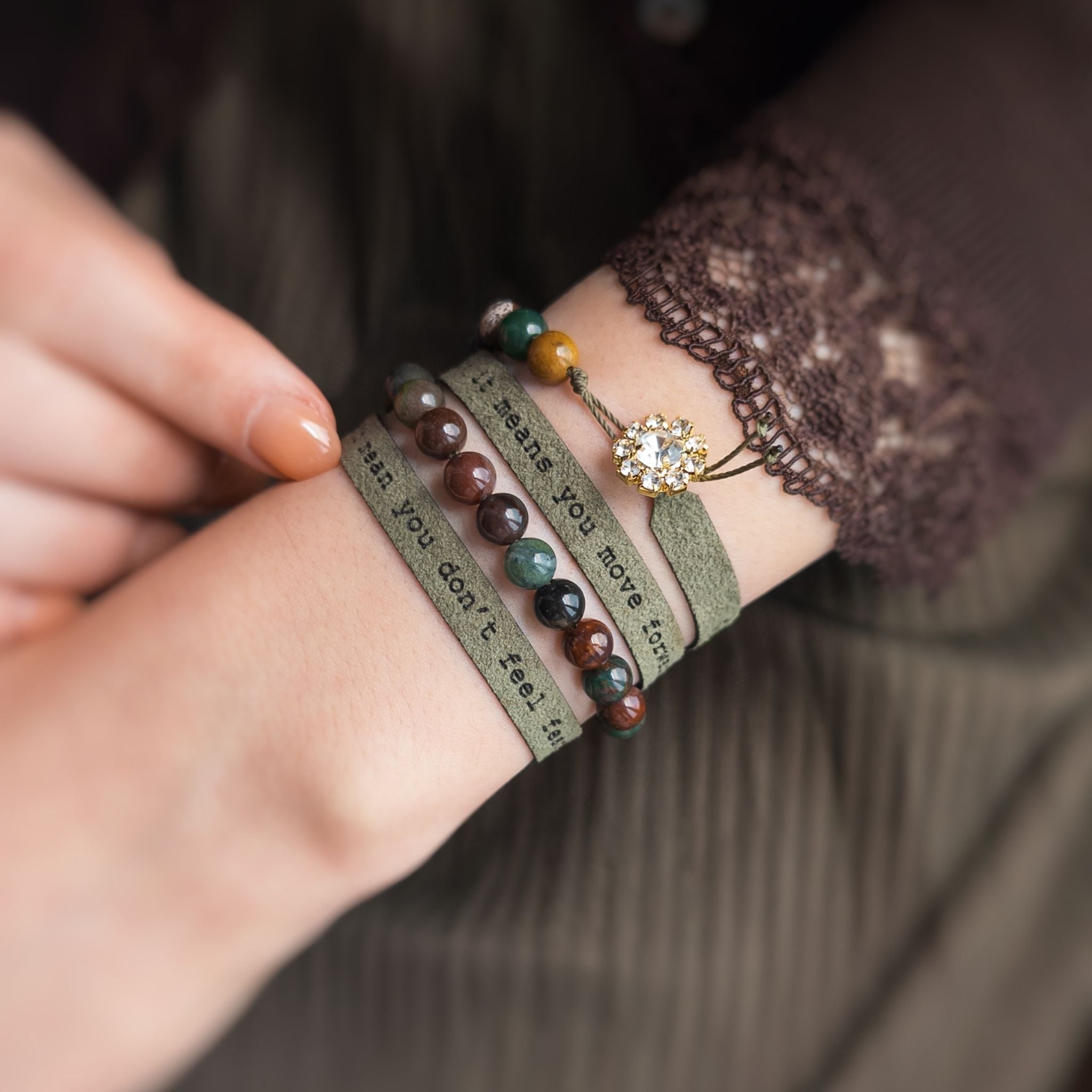 Custom Engraved Vegan Suede Wrap Bracelet with 6 mm Gemstones, 7 mm / 0.28"