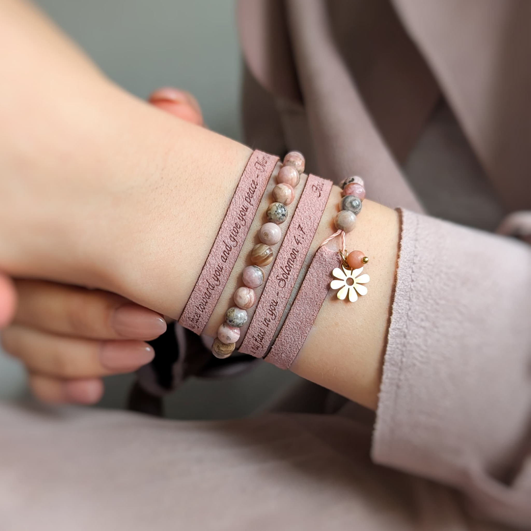 Custom Engraved Vegan Suede Wrap Bracelet with 6 mm Gemstones, 7 mm / 0.28"