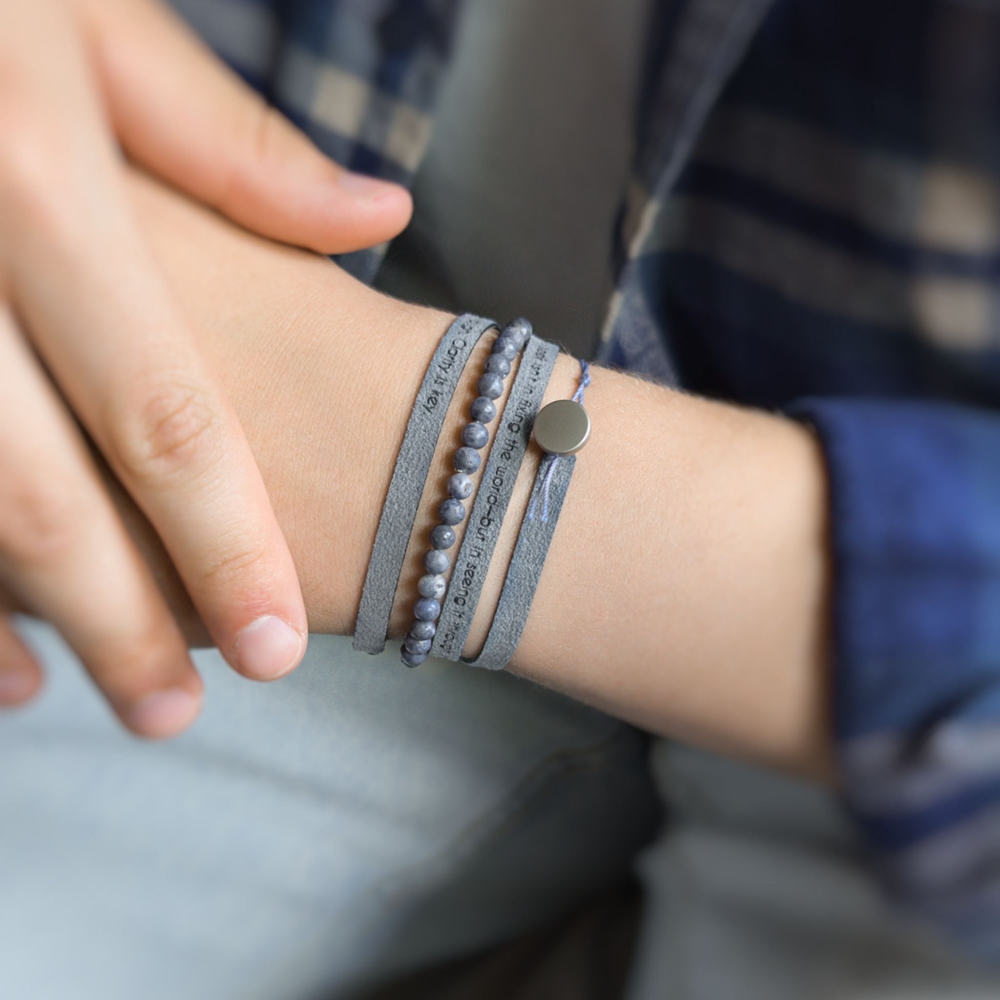 Men's Custom Engraved Wrap Bracelet with 4 mm Gemstones, 5mm / 0.2