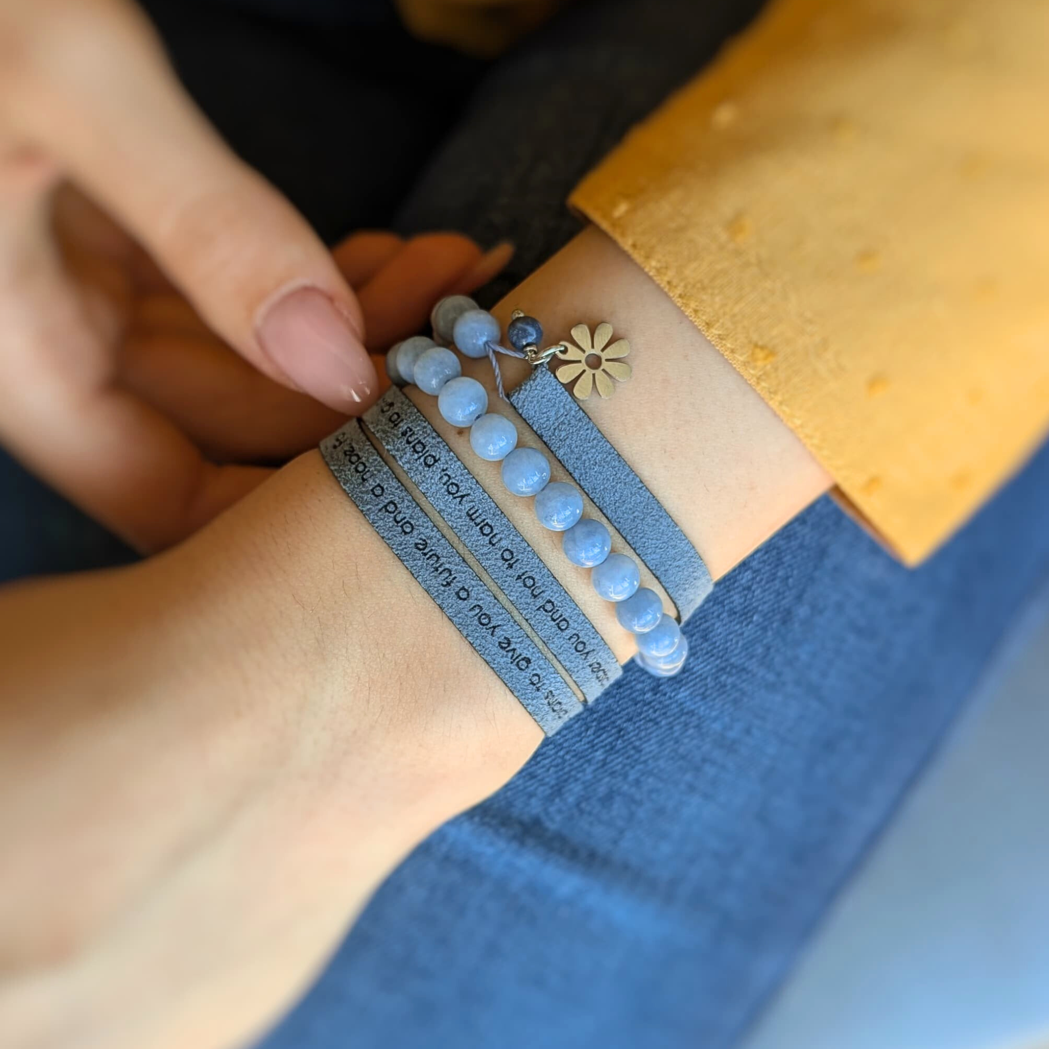 Custom Engraved Vegan Suede Wrap Bracelet with 6 mm Gemstones, 7 mm / 0.28"